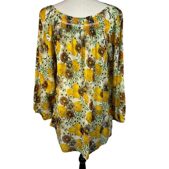 Boho Jane Medium Tunic Top Floral Long Balloon Sleeves Semi-Sheer Keyhole Neck - Picture 6 of 11